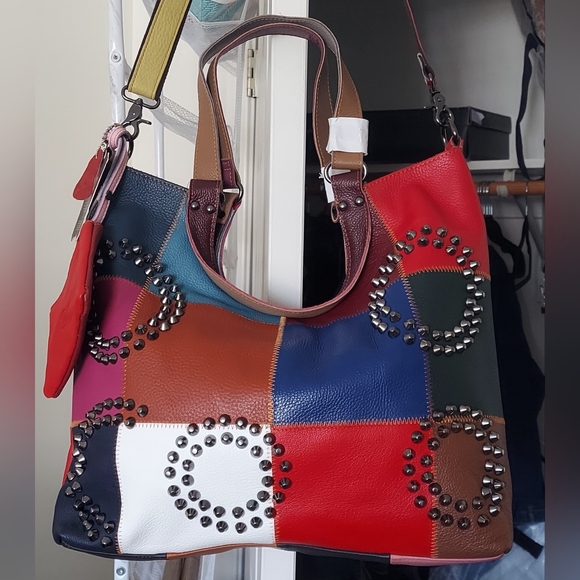 AMERICAN LEATHER STUNNING Colorful Patchwork Studded Tote Bag and Pouch NWT - Picture 2 of 6